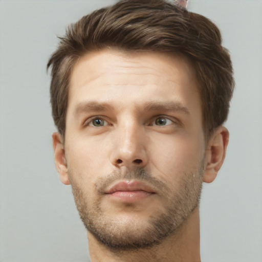 Neutral white young-adult male with short  brown hair and grey eyes