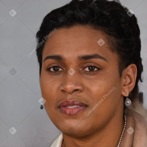 Joyful black young-adult female with short  black hair and brown eyes