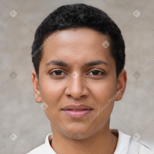 Joyful black young-adult female with short  black hair and brown eyes