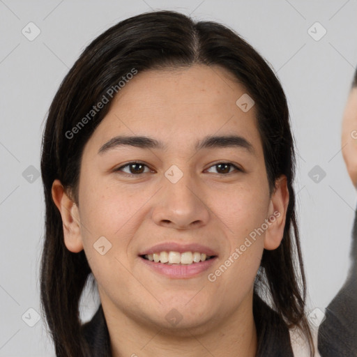 Joyful white young-adult female with long  brown hair and brown eyes