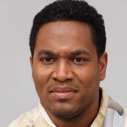 Joyful latino adult male with short  black hair and brown eyes