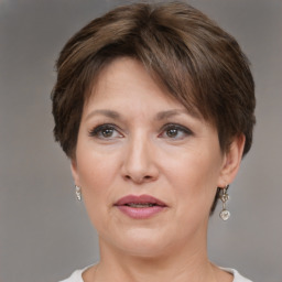 Joyful white adult female with short  brown hair and brown eyes