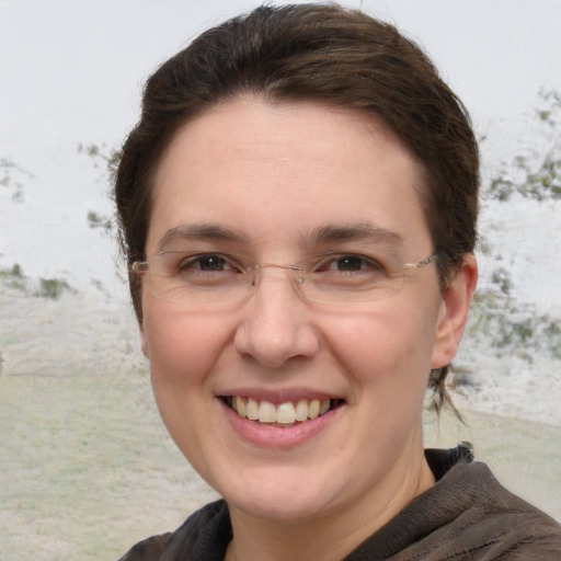 Joyful white adult female with short  brown hair and brown eyes