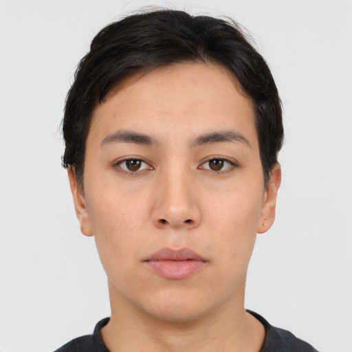 Neutral white young-adult female with short  black hair and brown eyes