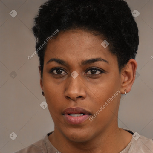 Neutral black young-adult female with short  black hair and brown eyes