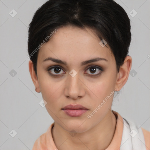 Neutral white young-adult female with short  brown hair and brown eyes