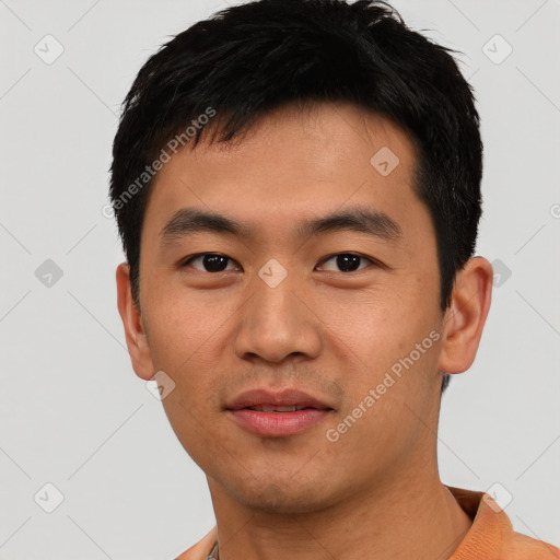 Neutral asian young-adult male with short  black hair and brown eyes