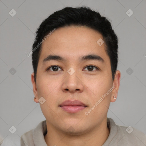 Neutral asian young-adult male with short  black hair and brown eyes