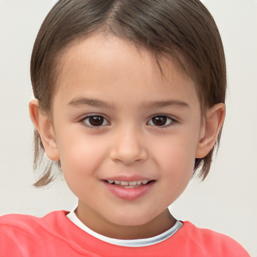 Joyful white child female with short  brown hair and brown eyes