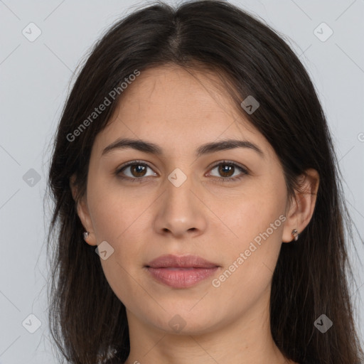 Joyful white young-adult female with long  brown hair and brown eyes