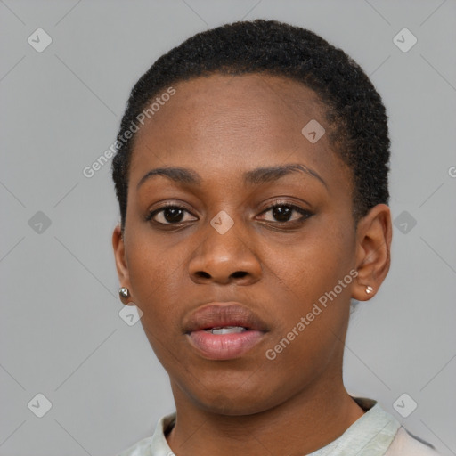 Neutral black young-adult female with short  black hair and brown eyes