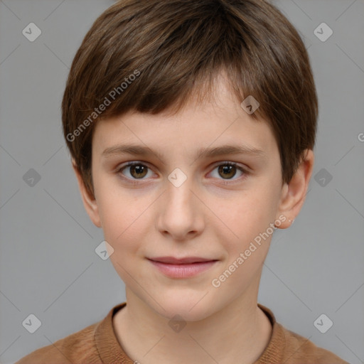 Joyful white child male with short  brown hair and brown eyes