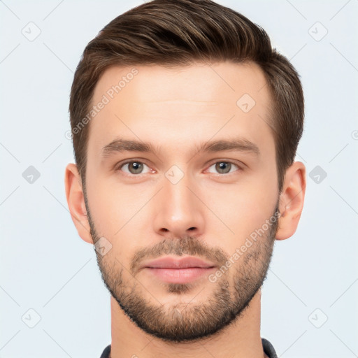 Neutral white young-adult male with short  brown hair and brown eyes