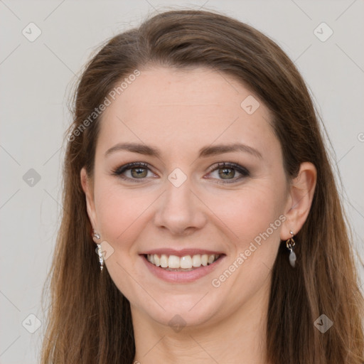 Joyful white young-adult female with long  brown hair and grey eyes