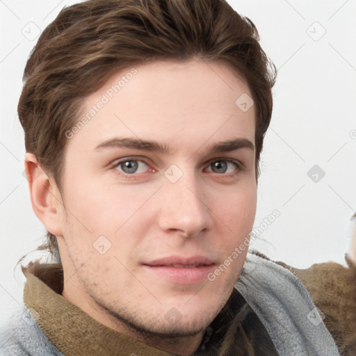 Neutral white young-adult male with short  brown hair and grey eyes