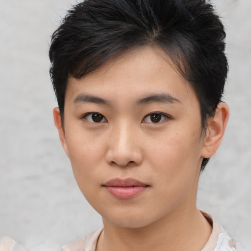 Neutral asian young-adult female with short  brown hair and brown eyes