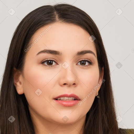 Neutral white young-adult female with long  brown hair and brown eyes