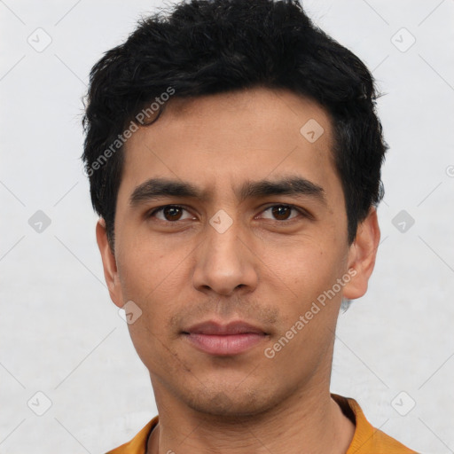 Neutral asian young-adult male with short  black hair and brown eyes