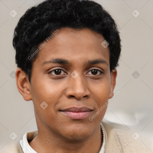 Neutral latino young-adult female with short  brown hair and brown eyes