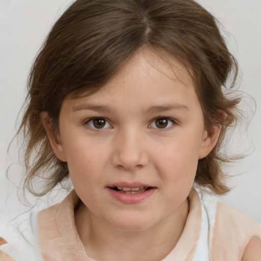 Joyful white child female with medium  brown hair and brown eyes