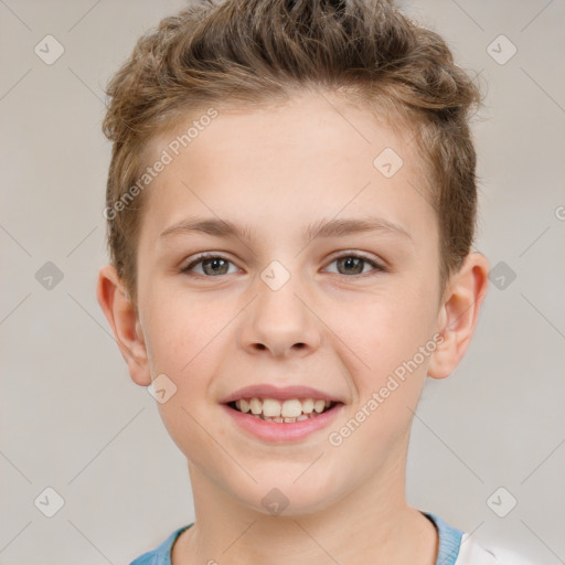 Joyful white child male with short  brown hair and brown eyes