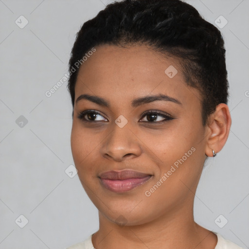 Joyful latino young-adult female with short  black hair and brown eyes