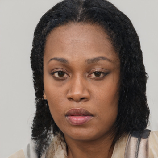 Neutral black young-adult female with medium  black hair and brown eyes