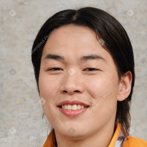 Joyful asian young-adult female with medium  brown hair and brown eyes