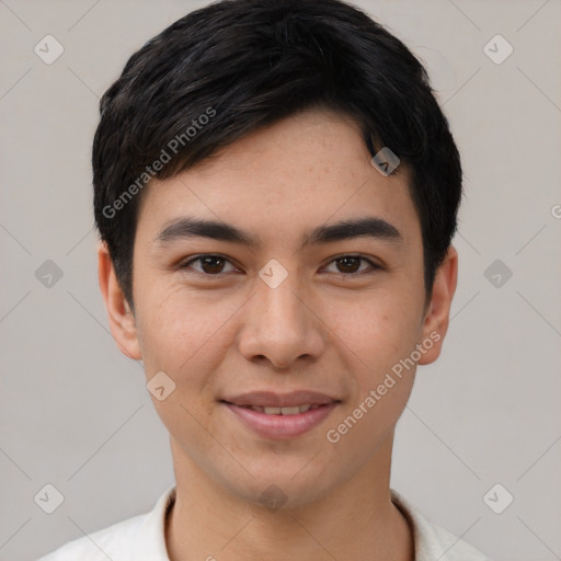 Joyful white young-adult male with short  black hair and brown eyes