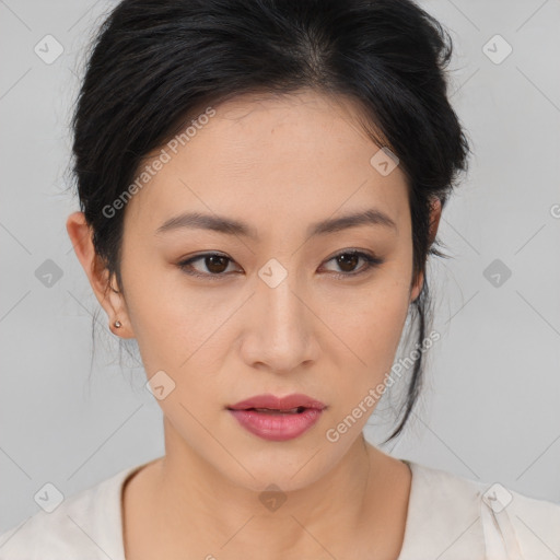 Neutral asian young-adult female with medium  brown hair and brown eyes