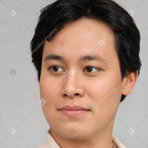 Neutral asian young-adult male with short  brown hair and brown eyes