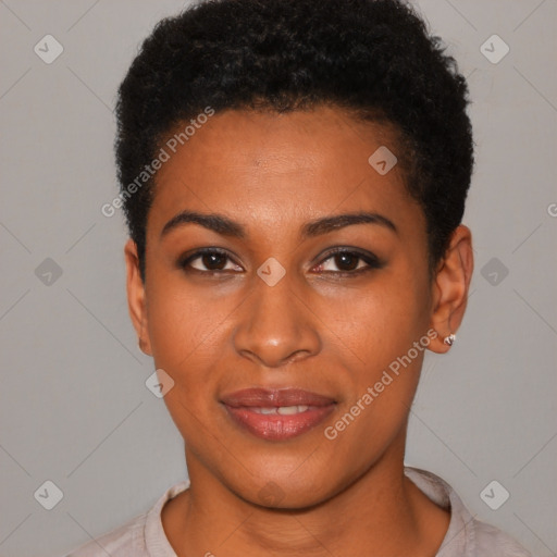 Joyful black young-adult female with short  black hair and brown eyes