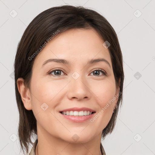 Joyful white young-adult female with medium  brown hair and brown eyes