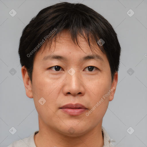 Joyful asian adult male with short  brown hair and brown eyes