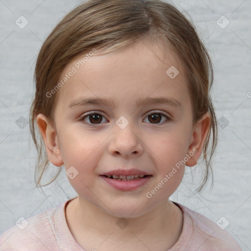 Joyful white child female with medium  brown hair and brown eyes