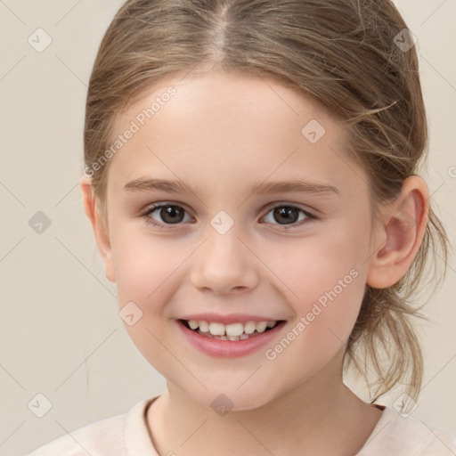 Joyful white child female with medium  brown hair and brown eyes