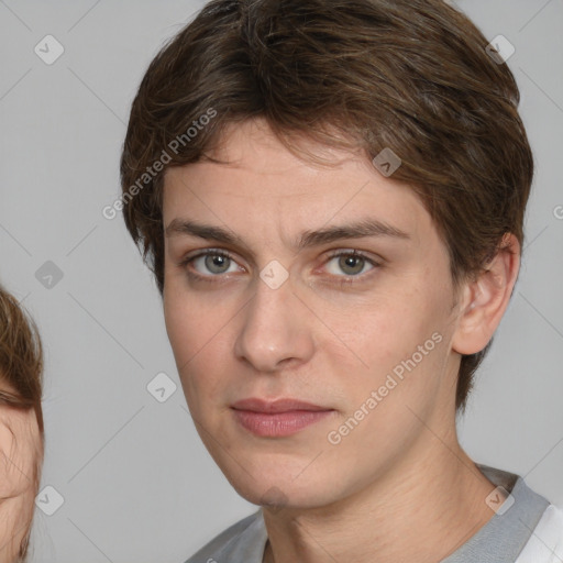 Neutral white young-adult female with medium  brown hair and brown eyes