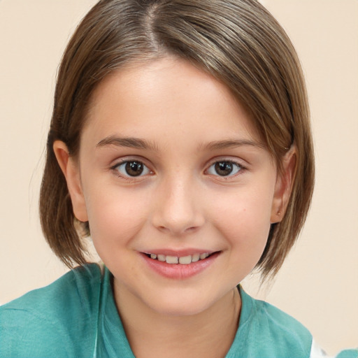 Joyful white child female with medium  brown hair and brown eyes