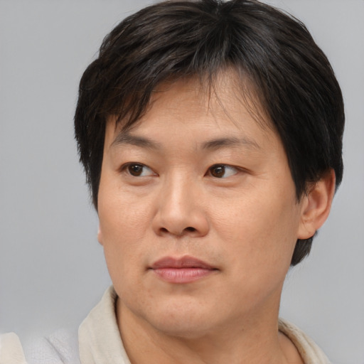 Joyful asian adult female with short  brown hair and brown eyes