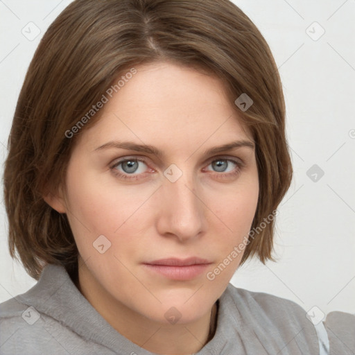 Neutral white young-adult female with medium  brown hair and grey eyes