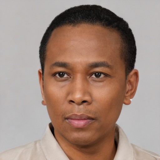 Neutral black young-adult male with short  black hair and brown eyes