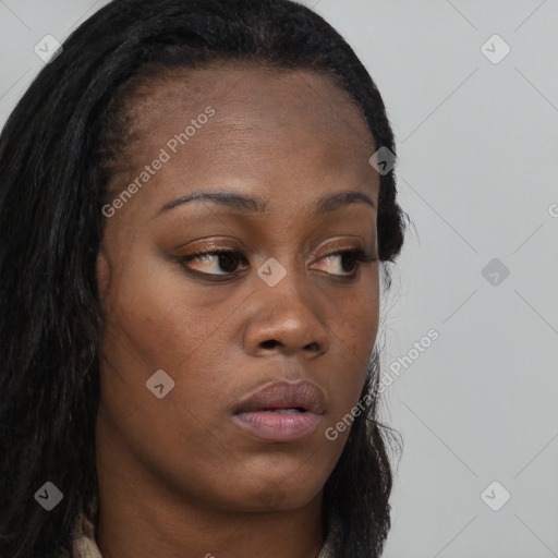 Joyful black young-adult female with long  brown hair and brown eyes