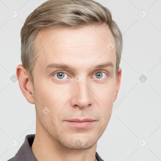 Neutral white young-adult male with short  brown hair and grey eyes