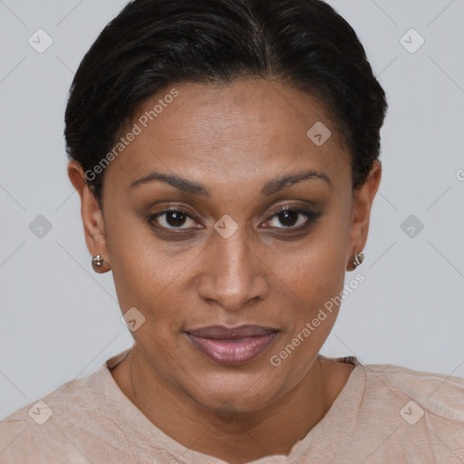 Joyful latino young-adult female with short  brown hair and brown eyes