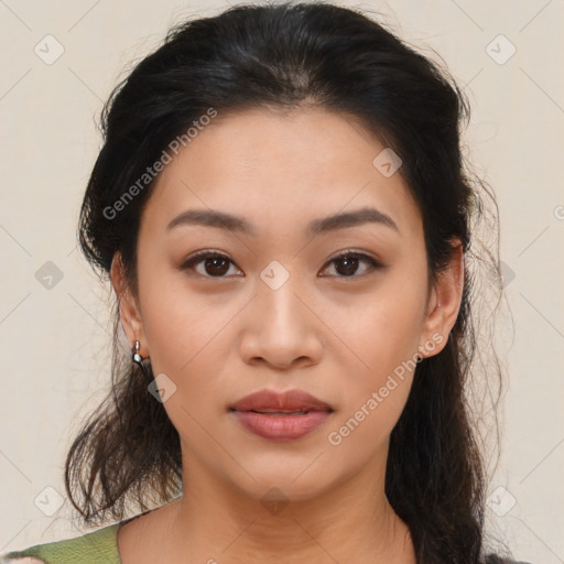 Neutral asian young-adult female with medium  brown hair and brown eyes