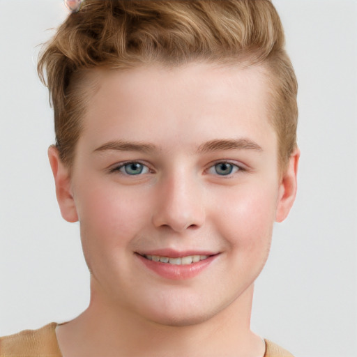 Joyful white child male with short  brown hair and grey eyes