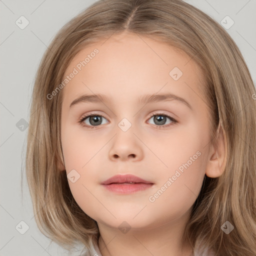 Neutral white child female with long  brown hair and brown eyes