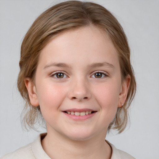 Joyful white child female with medium  brown hair and blue eyes