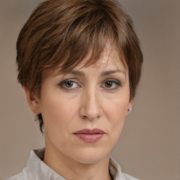 Neutral white adult female with medium  brown hair and brown eyes