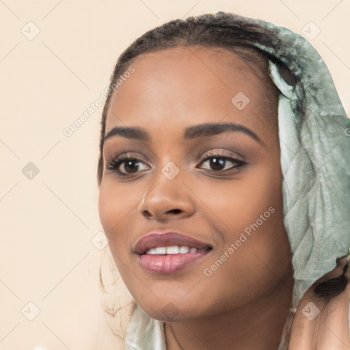 Joyful white young-adult female with long  black hair and brown eyes